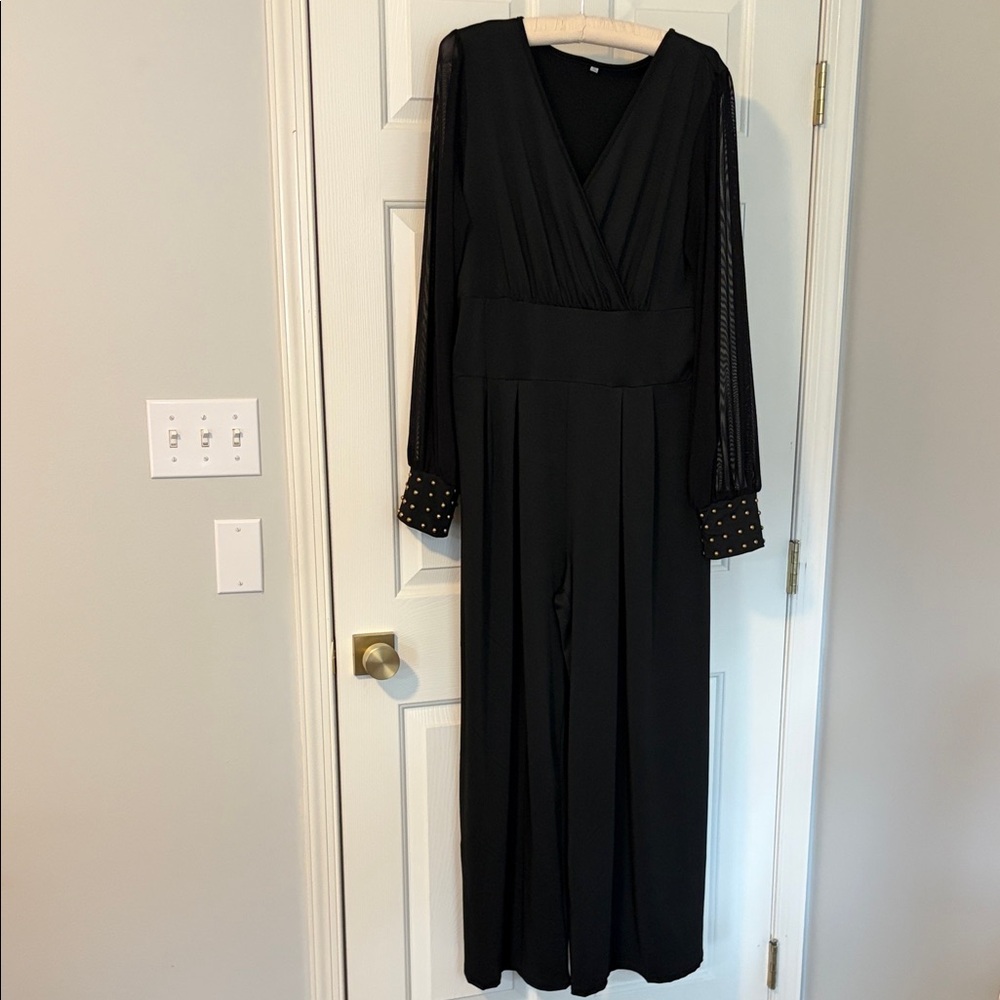 Black Long-Sleeve V-Neck Jumpsuit with Gold Studded Cuffs